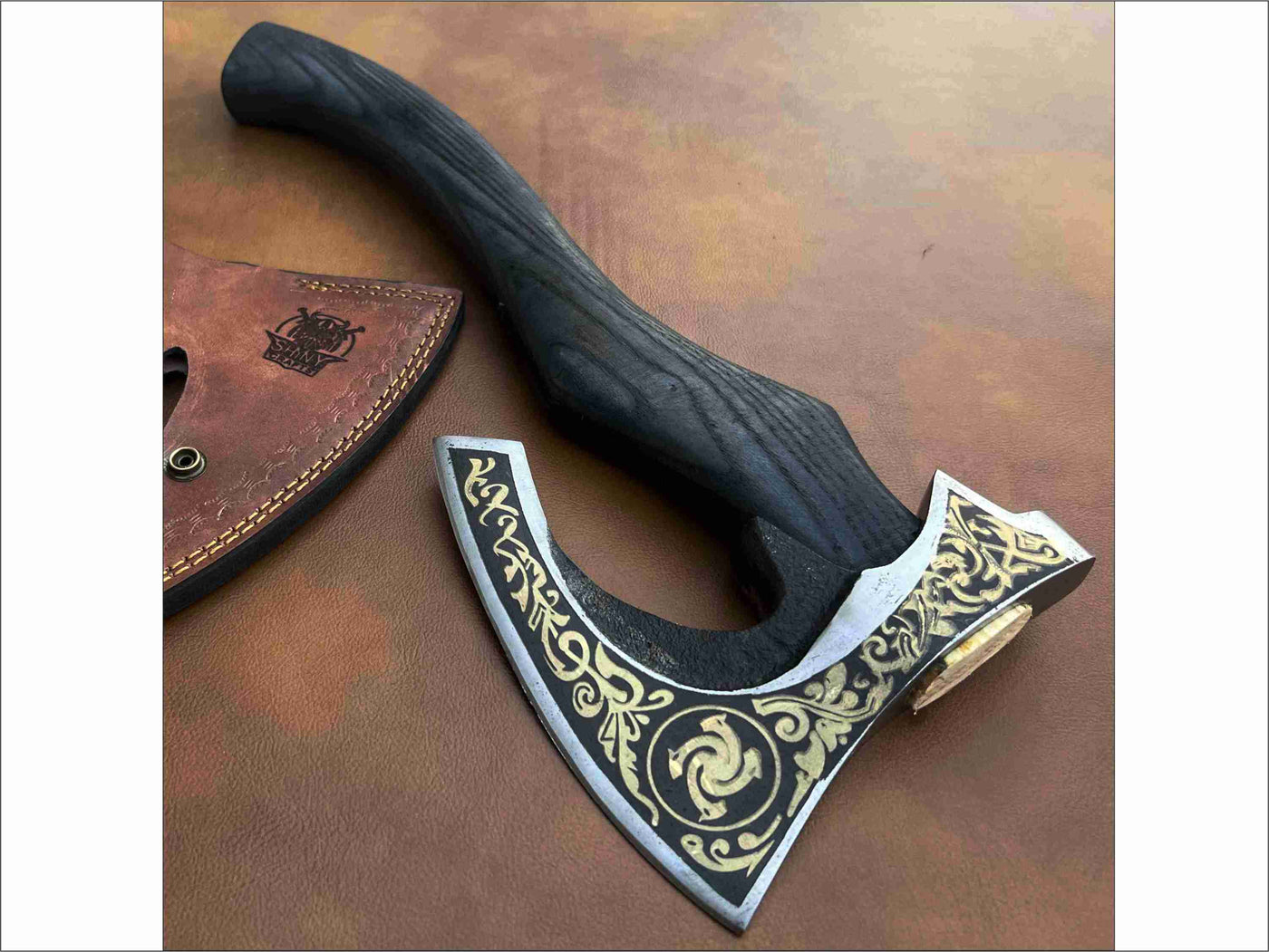 19" Viking axe bearded axe tomahawk birthday gifts-Viking Axe with Carbon Steel Head and Ash Wood Handle is black polished, Viking Gifts for Men with Premium Quality Leather Sheath (VBA-25)