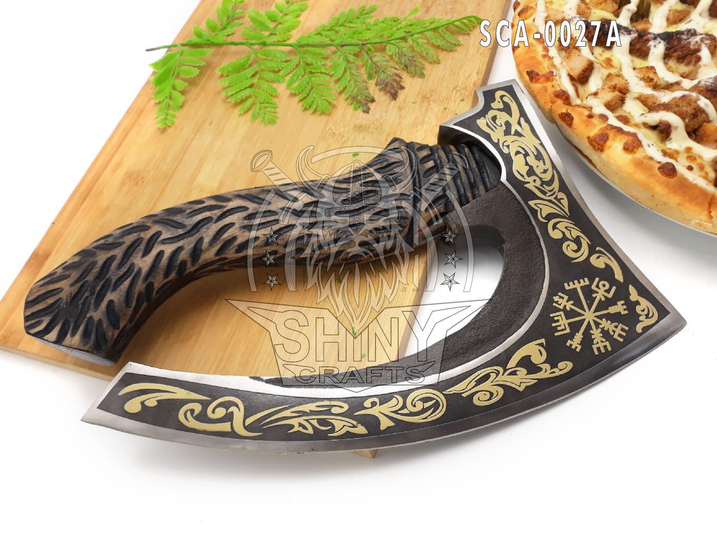 Handmade 13" -Viking Axe Pizza Axe Viking Gifts for Men Berserker Axe- with Golden Etching Authentic Medieval Axe with Sheath (VBA-27A)