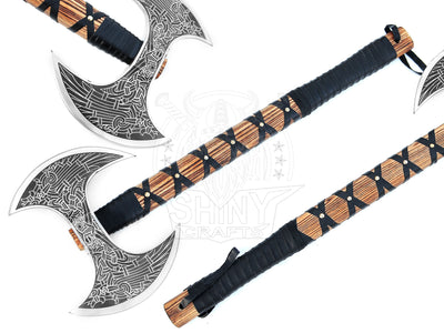 Camping Axe Tomahawk Viking Bearded Axe Christmas gifts-27 Long Odin's Double Edge Head Viking Axe Twin Blade Axe with Ash Wood Handle with Genuine Leather Sheath (VBA 13)