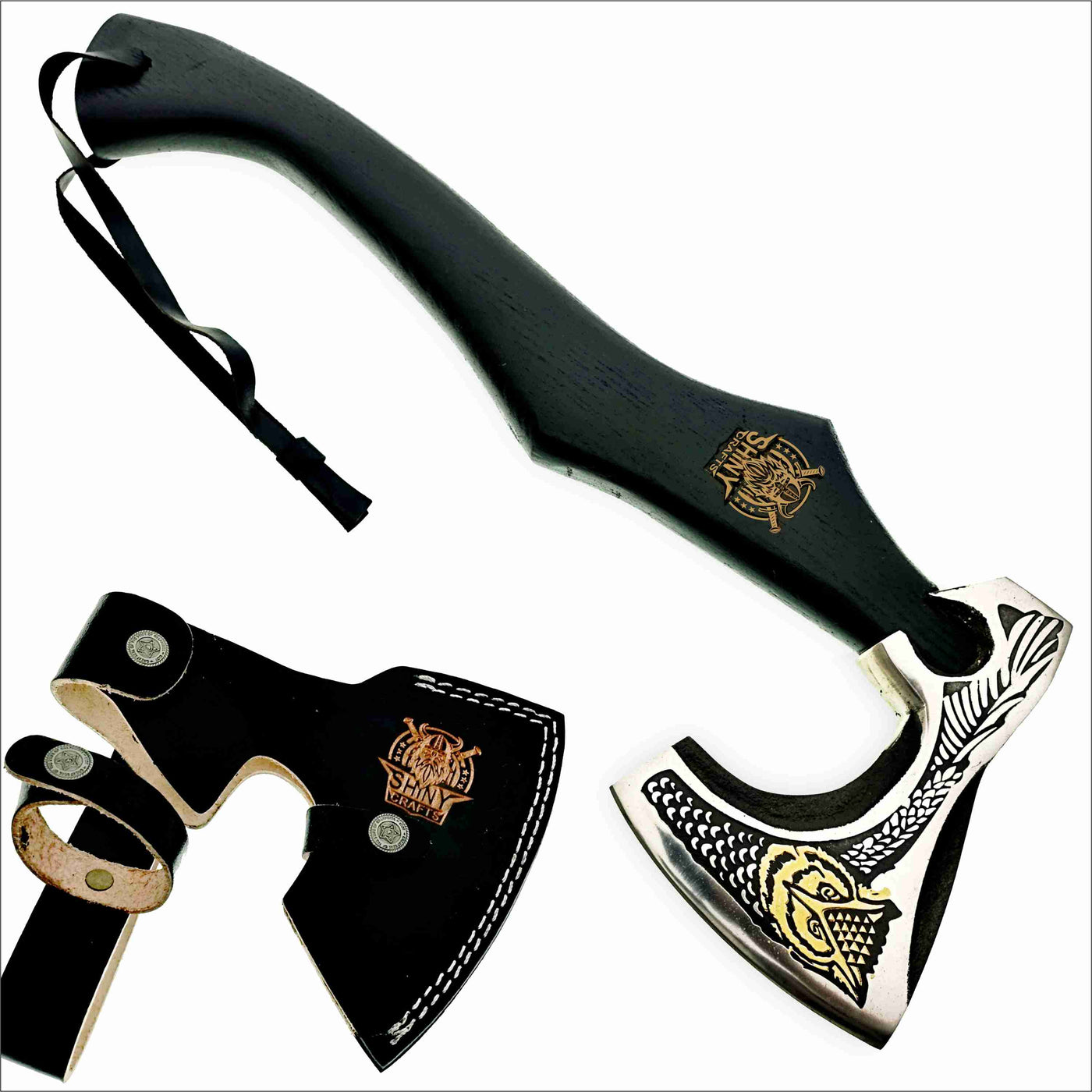 Axes Berserker Axe Hatchet Tomahawk Battle Axe-Viking Axe Golden Owl Relief Design, Ash Wood Handle Viking Gifts for Men with Premium Quality Leather Sheath (SCA 18A)