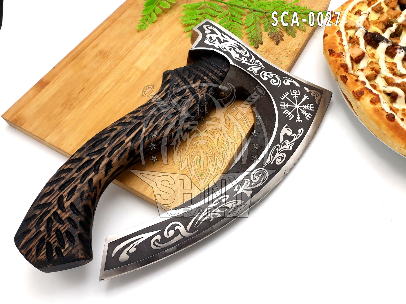 Handmade 13" -Axes viking axe real weapon mens axes gifts for him- with Black Etching Authentic Medieval Pizza Cutter Axe, Norse Pizza Axe Gift, Carbon Steel Viking Axe with Sheath (VBA-27)