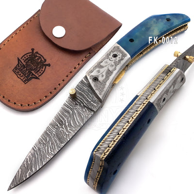 Beautiful Damascus Pocket knife with Damascus Handle & Blade, Folding knife with liner lock, Camping Knife, Hunting knife with Premium Leather Sheath (FK-12)