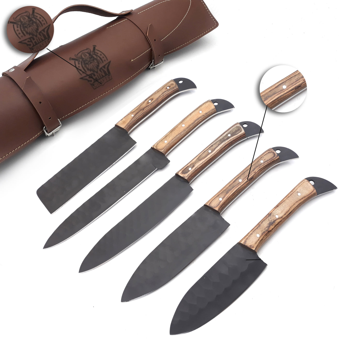 Handmade Black Powder Coated Kitchen Knife Set with wood handle and D 2 Steel Blade, Chef’s Knives set with Leather Pouch Roll and High Tempered Razor-Sharp Blade (CS-14)