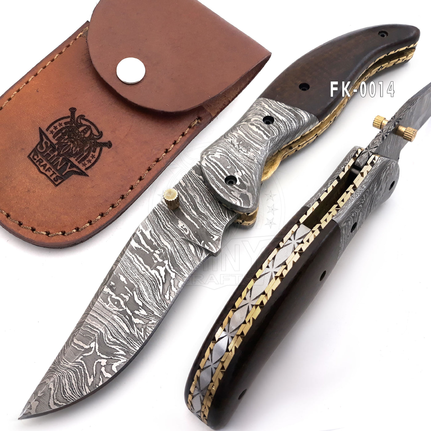 Beautiful Damascus Pocket knife with Damascus Handle & Blade, Folding knife with liner lock, Camping Knife, Hunting knife with Premium Leather Sheath (FK-14)