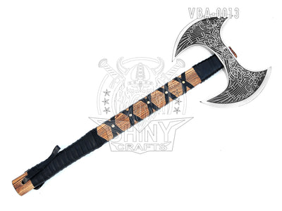 Camping Axe Tomahawk Viking Bearded Axe Christmas gifts-27 Long Odin's Double Edge Head Viking Axe Twin Blade Axe with Ash Wood Handle with Genuine Leather Sheath (VBA 13)