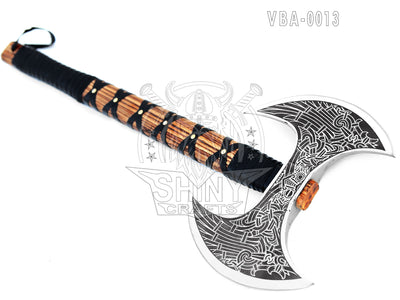 Camping Axe Tomahawk Viking Bearded Axe Christmas gifts-27 Long Odin's Double Edge Head Viking Axe Twin Blade Axe with Ash Wood Handle with Genuine Leather Sheath (VBA 13)