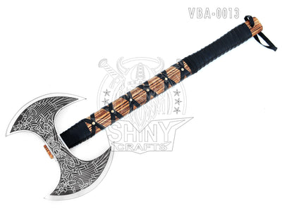 Camping Axe Tomahawk Viking Bearded Axe Christmas gifts-27 Long Odin's Double Edge Head Viking Axe Twin Blade Axe with Ash Wood Handle with Genuine Leather Sheath (VBA 13)