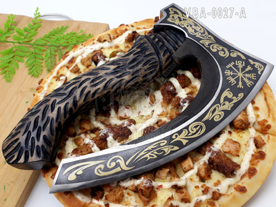 Handmade 13" -Viking Axe Pizza Axe Viking Gifts for Men Berserker Axe- with Golden Etching Authentic Medieval Axe with Sheath (VBA-27A)