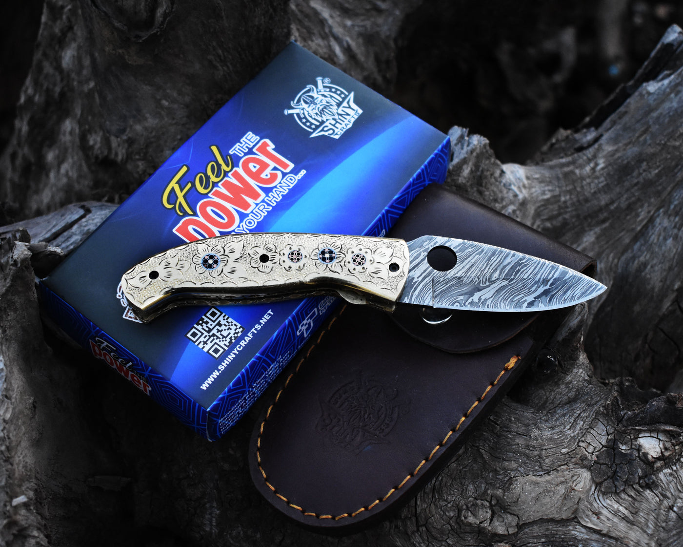 Beautiful Damascus Pocket knife with Damascus Handle & Blade, Folding knife with liner lock, Camping Knife, Hunting knife with Premium Leather Sheath (FK-30)