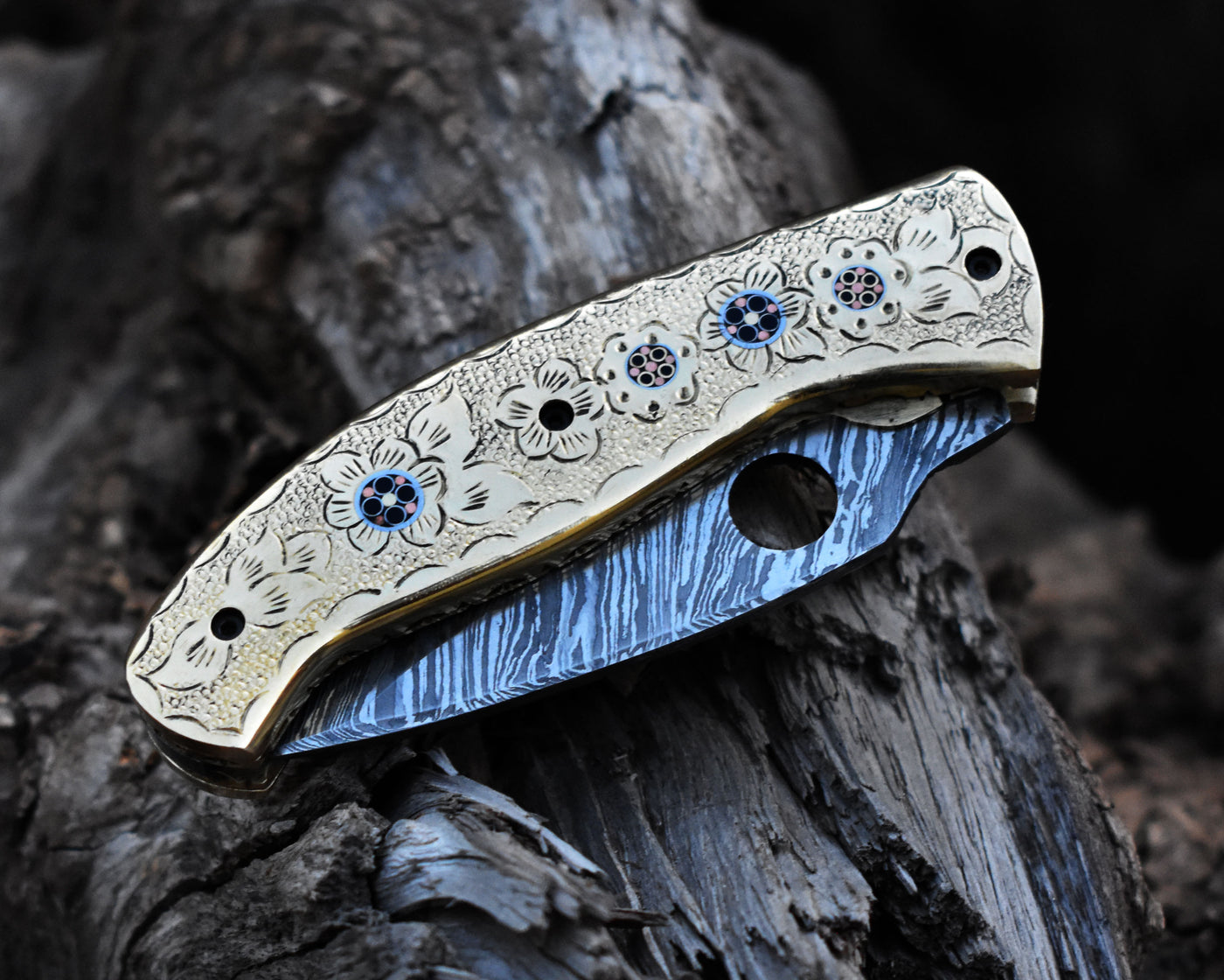 Beautiful Damascus Pocket knife with Damascus Handle & Blade, Folding knife with liner lock, Camping Knife, Hunting knife with Premium Leather Sheath (FK-30)