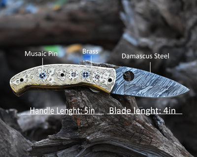 Beautiful Damascus Pocket knife with Damascus Handle & Blade, Folding knife with liner lock, Camping Knife, Hunting knife with Premium Leather Sheath (FK-30)