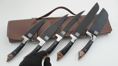 Handmade Black Coated Kitchen Knife Set with wood handle and Carbon Steel Blade, Chef’s Knives set with Leather Pouch Roll and High Tempered Razor-Sharp Blade (CS-21)