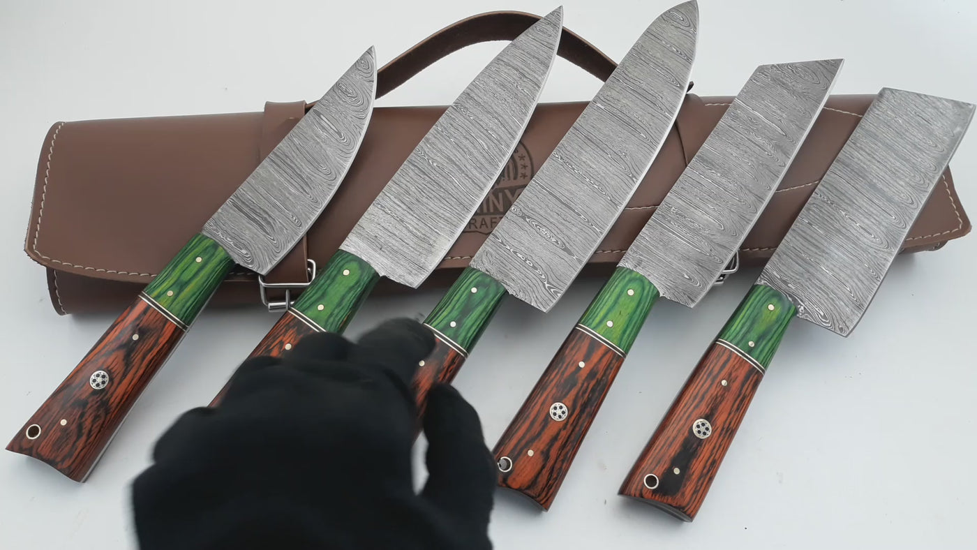 Handmade Damascus Kitchen Knife Set with wood handle and Damascus Steel Blade, Chef’s Knives set with Leather Pouch Roll and High Tempered Razor-Sharp Blade (CS-19)