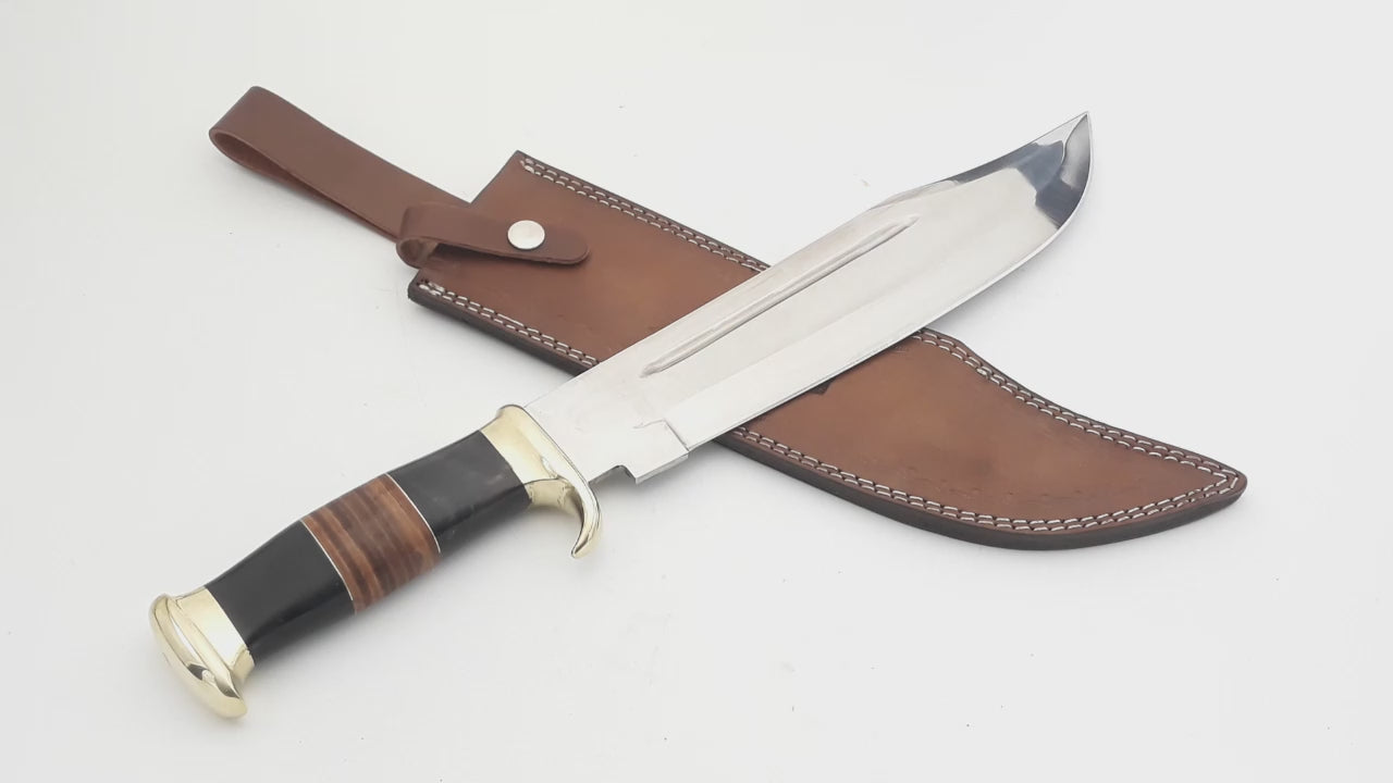 18" Large Handmade Forged Crocodile Dundee Knife, With Horn and Leather Handle with Premium Leather Sheath (HK-19)