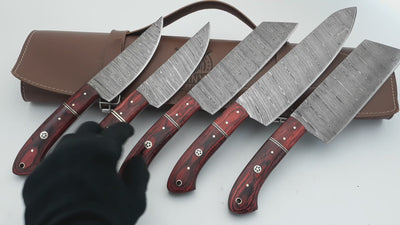 Handmade Damascus Kitchen Knife Set with wood handle and Damascus Steel Blade, Chef’s Knives set with Leather Pouch Roll and High Tempered Razor-Sharp Blade (CS-15)