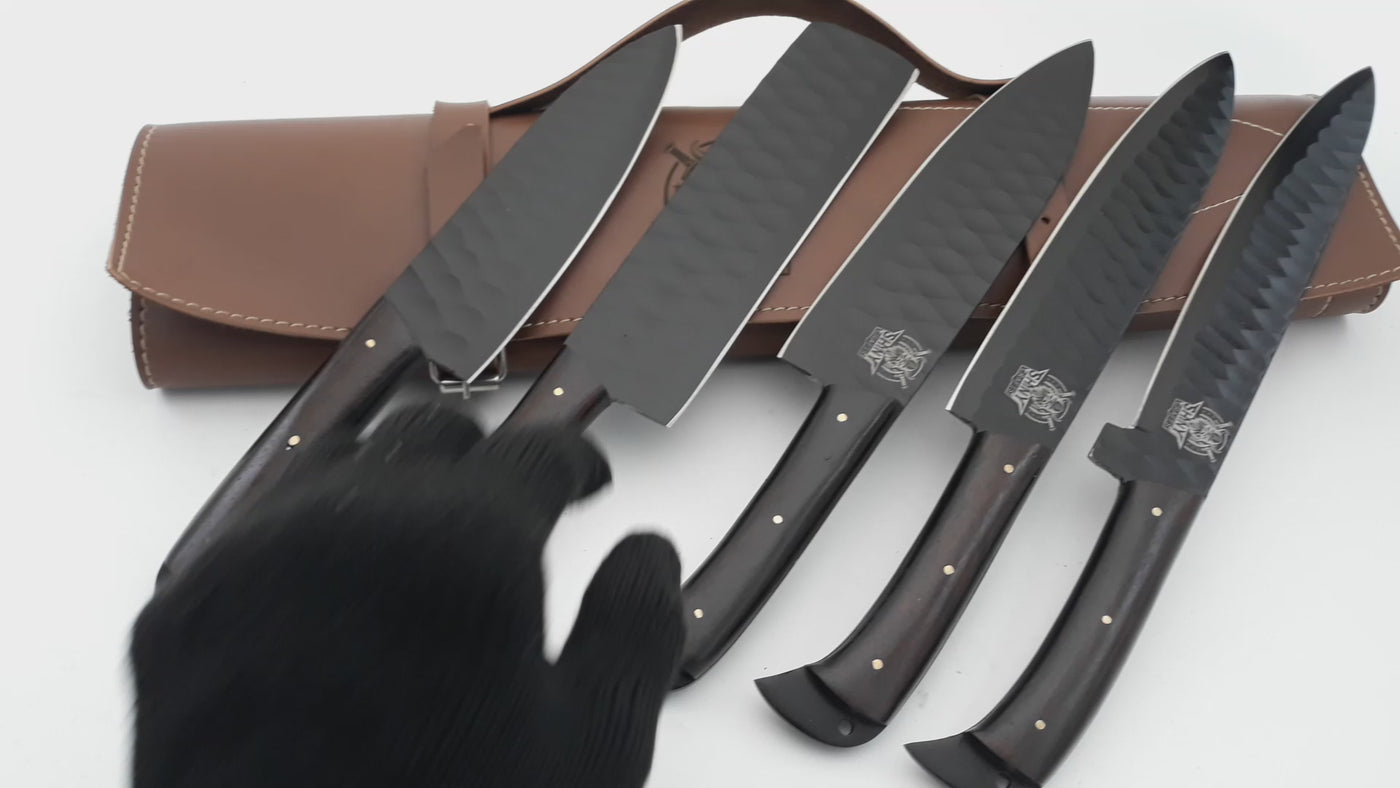 Handmade Forged Black Coated Kitchen Knife Set with Wangi wood handle and Damascus Steel Blade, Chef’s Knives set with Leather Pouch Roll and Razor-Sharp Blade (CS-13)