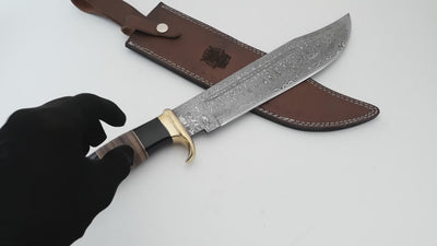 18" Large Handmade Forged Crocodile Dundee Knife, Damascus Steel Blade with Horn and Leather Handle with Premium Leather Sheath (HK-19-B)