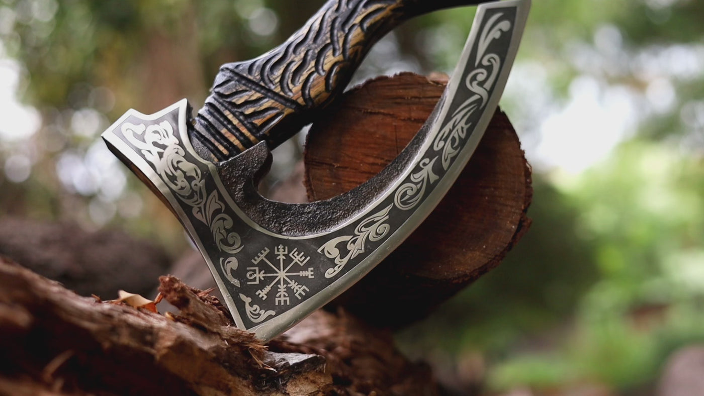 Handmade 13" -Axes viking axe real weapon mens axes gifts for him- with Black Etching Authentic Medieval Pizza Cutter Axe, Norse Pizza Axe Gift, Carbon Steel Viking Axe with Sheath (VBA-27)