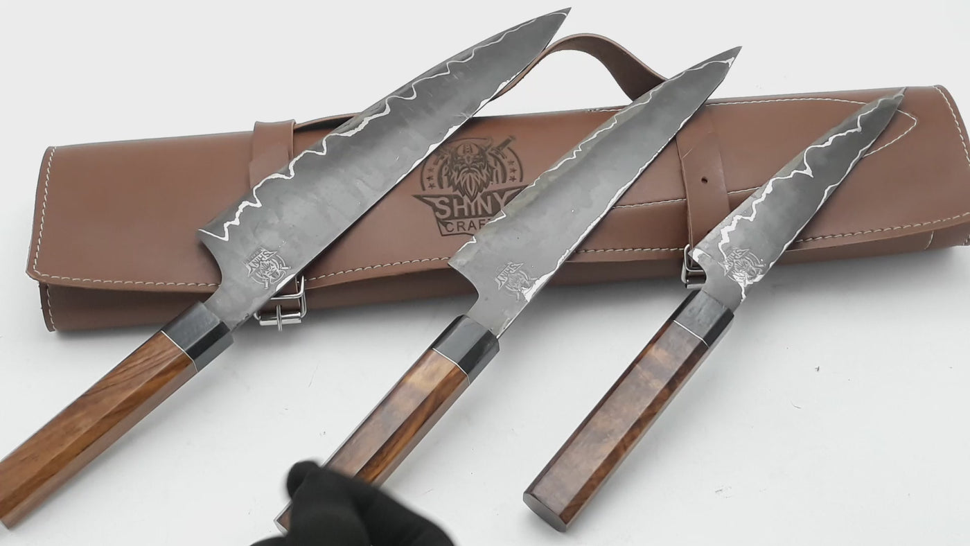 Custom Handmade Rare San Mai Steel Kitchen Knife Set with wood handle and Mix Steel Blade, Chef’s Knives set with Leather Pouch Roll and High Tempered Razor-Sharp Blade (CS-08)