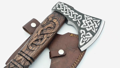 Handmade 18"-Camping Axe Tomahawk Viking Bearded Axe Engraved Viking Axe,Hatchet Gifts for him Wood Working Tool Viking Gifts for Men with Leather Sheath (VBA 28)