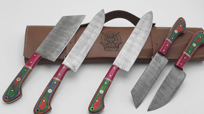 Handmade Damascus Kitchen Knife Set with wood handle and Damascus Steel Blade, Chef’s Knives set with Leather Pouch Roll and High Tempered Razor-Sharp Blade (CS-04)