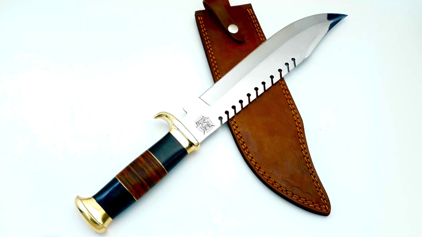 18" Large Handmade Forged Crocodile Dundee Knife, Custom D2 Steel Blade with Horn and Leather Handle with Premium Leather Sheath (HK-19-D)