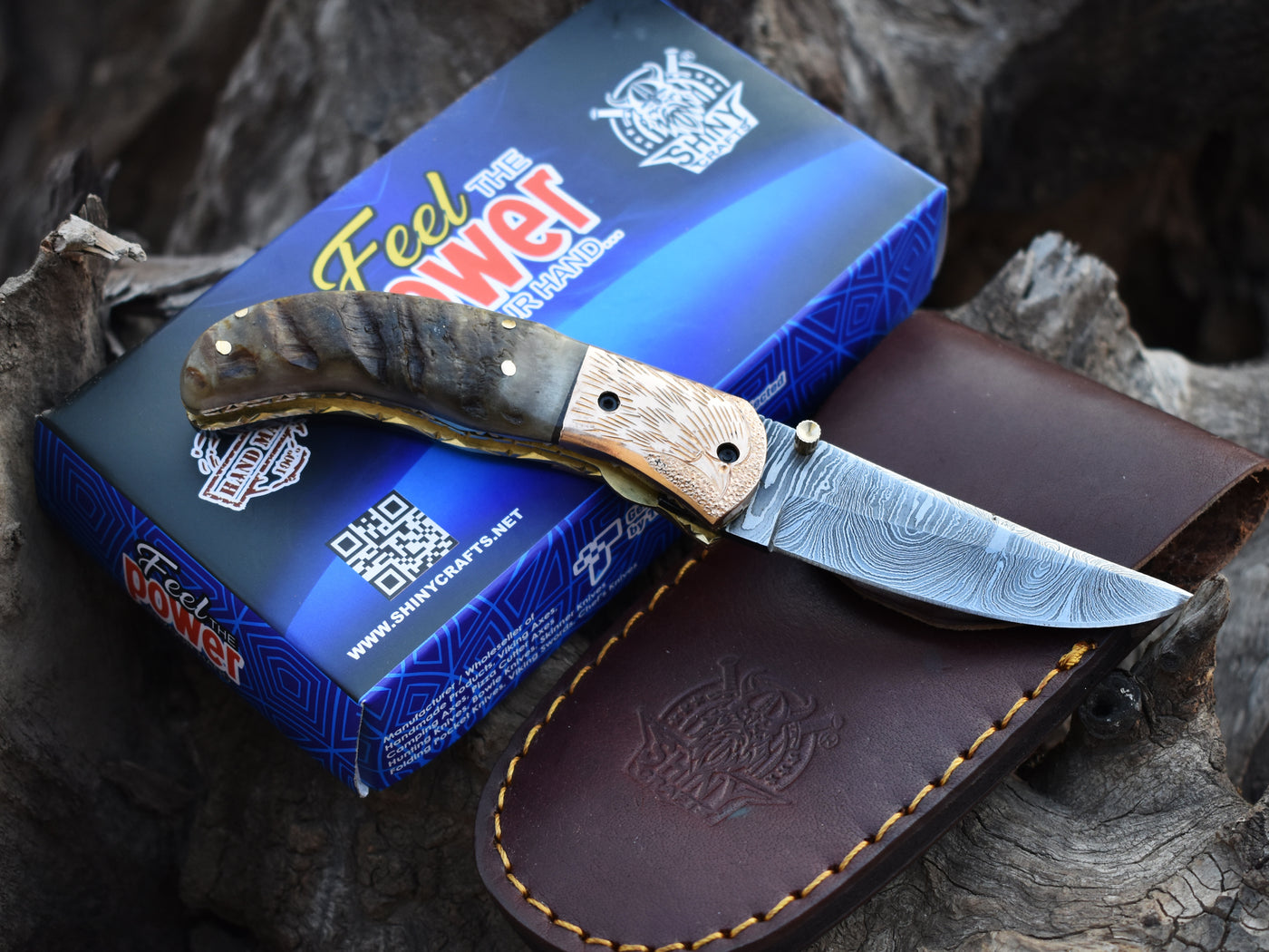 Damascus Pocket knife with brown Horn Handle ,copper bolster, Folding knife with liner lock, Camping Knife, Hunting knife with Premium Leather Sheath (FK-08)