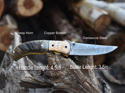 Damascus Pocket knife with brown Horn Handle ,copper bolster, Folding knife with liner lock, Camping Knife, Hunting knife with Premium Leather Sheath (FK-08)